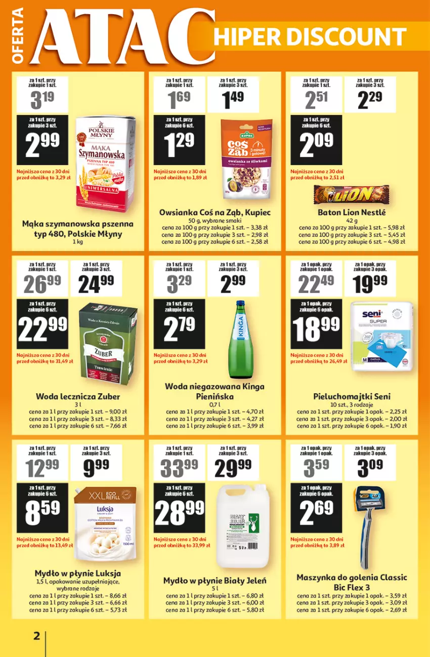 Gazetka promocyjna Auchan - ATAC Hiper Discount - ważna 18.09 do 24.09.2025 - strona 2 - produkty: Baton, Biały Jeleń, BIC, Fa, Kupiec, Lion, Luksja, Majtki, Mąka, Maszynka, Maszynka do golenia, Mydło, Mydło w płynie, Owsianka, Piec, Pieluchomajtki, Polskie Młyny, Ryż, Szynka, Woda, Woda niegazowana, Znicz