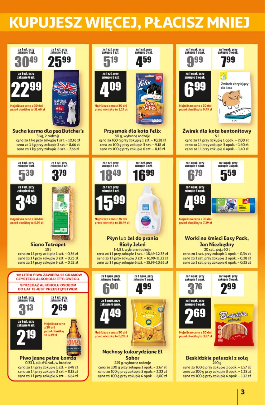 Gazetka promocyjna Auchan - ATAC Hiper Discount - ważna 18.09 do 24.09.2025 - strona 3 - produkty: Beskidzki, Beskidzkie paluszki, Biały Jeleń, Butcher's, Felix, Jan Niezbędny, Piwo, Piwo jasne, Przysmak dla kota, Sucha karma, Tatra, Worki na śmiec, Worki na śmieci