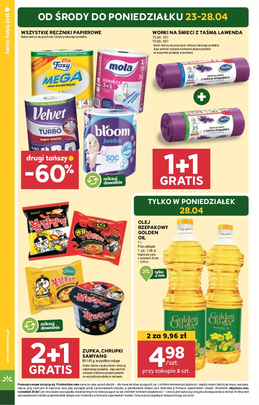 Gazetka promocyjna Stokrotka - Market - ważna 23.04 do 28.04.2025 - strona 4 - produkty: Chrupki, Gra, Mięso, Olej, Olej rzepakowy, Owoce, Papier, Por, Ręcznik, Ręczniki papierowe, Warzywa, Worki na śmiec, Worki na śmieci