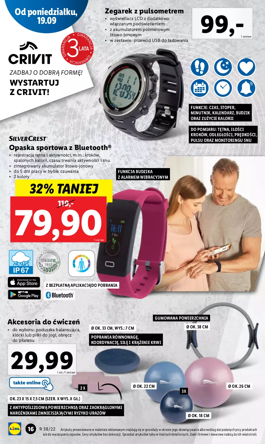 Gazetka promocyjna Lidl - GAZETKA - ważna 19.09 do 24.09.2022 - strona 18 - produkty: Akumulator, Budzik, Kalendarz, Klocki, Monitor, Narożnik, Opaska, Poduszka, Por, Przewód, Sport, Top, Zegar, Zegarek