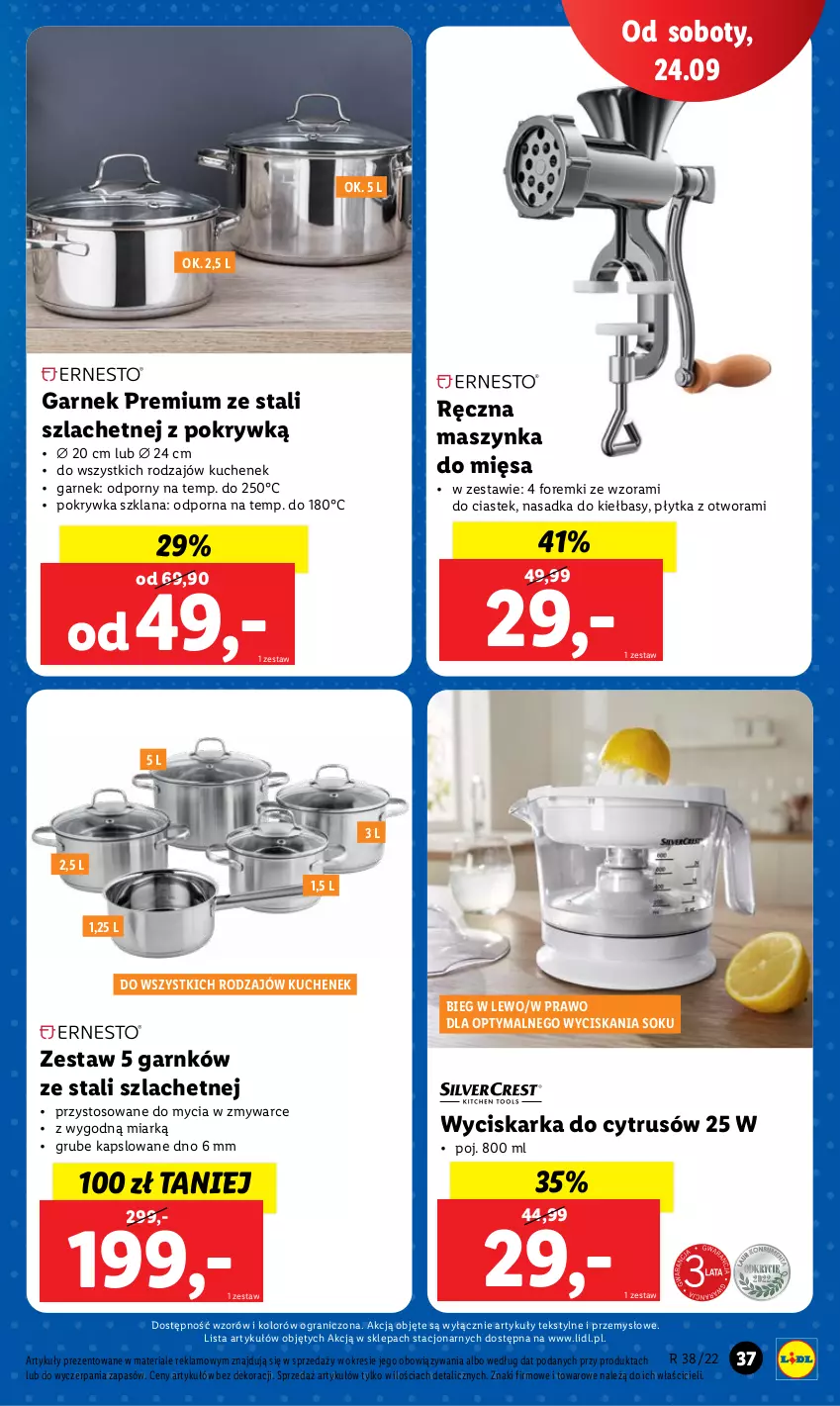 Gazetka promocyjna Lidl - GAZETKA - ważna 19.09 do 24.09.2022 - strona 39 - produkty: Foremki, Garnek, Gra, LANA, Maszynka, Płytka, Pokrywka szklana, Por, Sok, Stek, Szynka, Wyciskarka