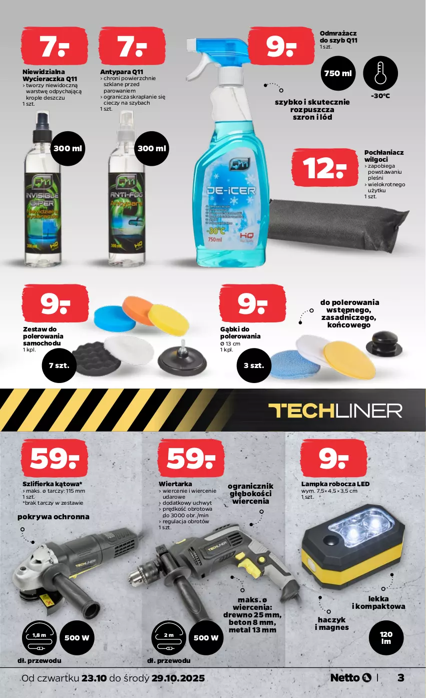Gazetka promocyjna Netto - Od Czwartku Przemysłowa - ważna 23.10 do 29.10.2025 - strona 3 - produkty: Gra, Haczyk, LG, Odmrażacz do szyb, Pochłaniacz wilgoci, Pokrywa, Szlifierka, Szlifierka kątowa, Tarka, Wiertarka, Wycieraczka