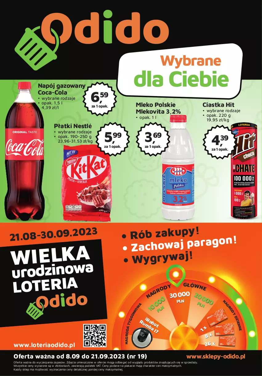 Gazetka promocyjna Odido - Plakat - ważna 08.09 do 21.09.2023 - strona 1 - produkty: Ciastka, Coca-Cola, Mleko, Mlekovita, Napój, Napój gazowany, Nestlé