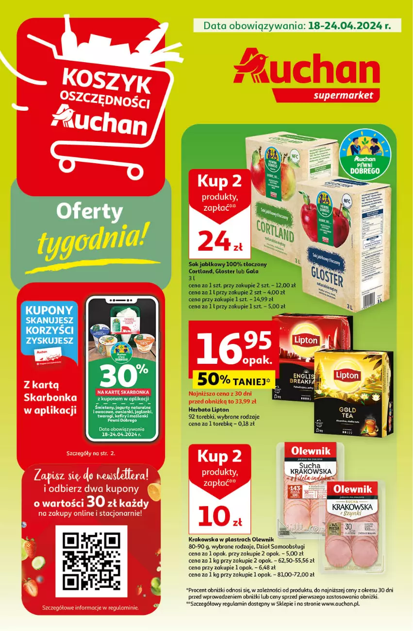 Gazetka promocyjna Auchan - Gazetka Oferty tygodnia! Supermarket Auchan - ważna 18.04 do 24.04.2024 - strona 1 - produkty: Fa, Herbata, Jogurt, Kefir, Lanki, Lipton, Olewnik
