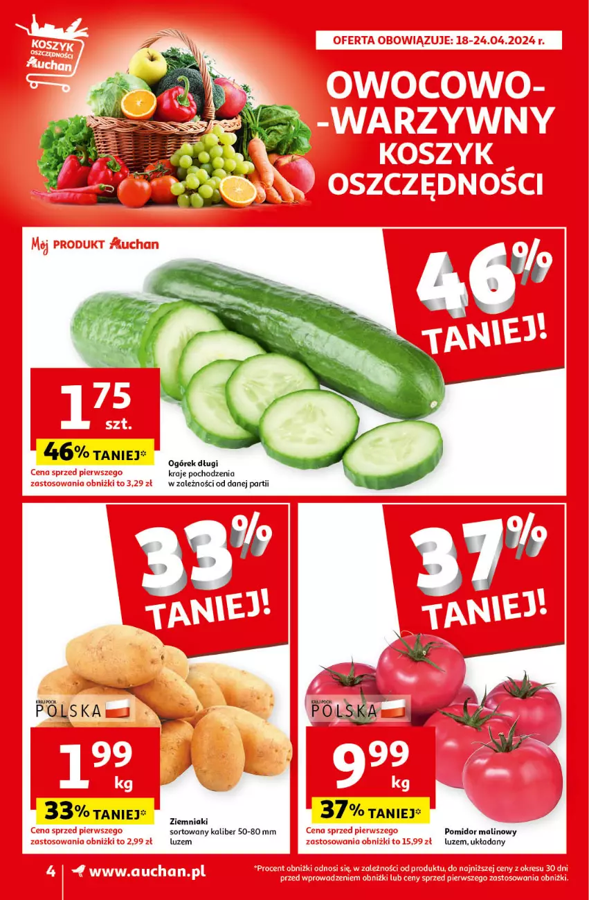 Gazetka promocyjna Auchan - Gazetka Oferty tygodnia! Supermarket Auchan - ważna 18.04 do 24.04.2024 - strona 4 - produkty: Ogórek, Pomidor malinowy, Ziemniaki
