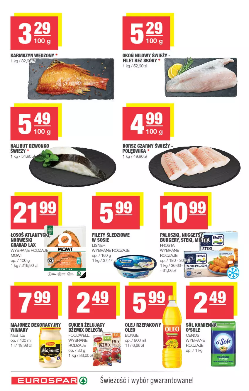 Gazetka promocyjna Spar - EuroSpar - ważna 18.05 do 28.05.2025 - strona 8 - produkty: Burger, Cenos, Cukier, Delecta, Dorsz, Dżem, Frosta, Gra, Halibut, Karmazyn wędzony, Lisner, Majonez, Mintaj, Olej, Olej rzepakowy, Oleo, Polędwica, Sos, Stek, Winiary