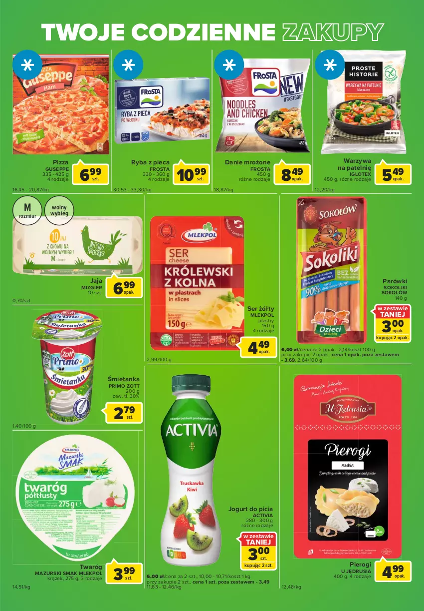 Gazetka promocyjna Carrefour - Gazetka Globi - ważna 15.02 do 21.02.2022 - strona 2 - produkty: Activia, Frosta, Jaja, Jogurt, Kosz, Parówki, Parówki sokoliki, Piec, Pierogi, Pizza, Ryba, Ser, Sok, Sokołów, Twaróg, Warzywa, Zott