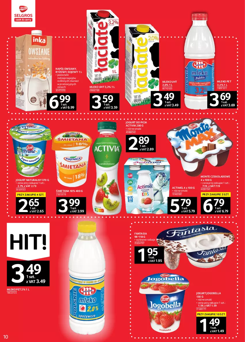 Gazetka promocyjna Selgros - Oferta spożywcza - ważna 02.02 do 15.02.2023 - strona 10 - produkty: Actimel, Activia, Bell, Bella, Fa, Fanta, Jogobella, Jogurt, Jogurt naturalny, Mleko, Monte, Napój, Ryż