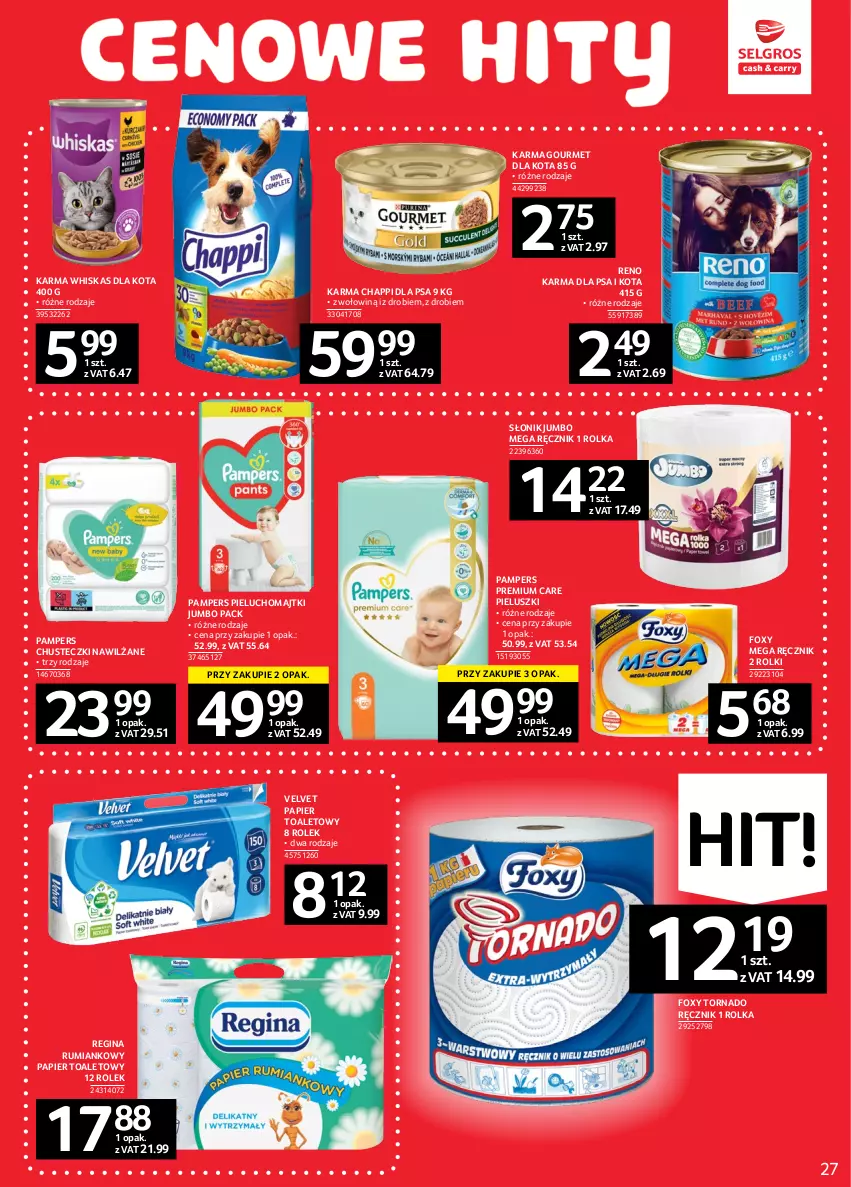 Gazetka promocyjna Selgros - Oferta spożywcza - ważna 02.02 do 15.02.2023 - strona 27 - produkty: Chappi, Chusteczki, Foxy, Gin, Majtki, Pampers, Papier, Papier toaletowy, Pieluchomajtki, Ręcznik, Rolki, Rum, Velvet, Whiskas