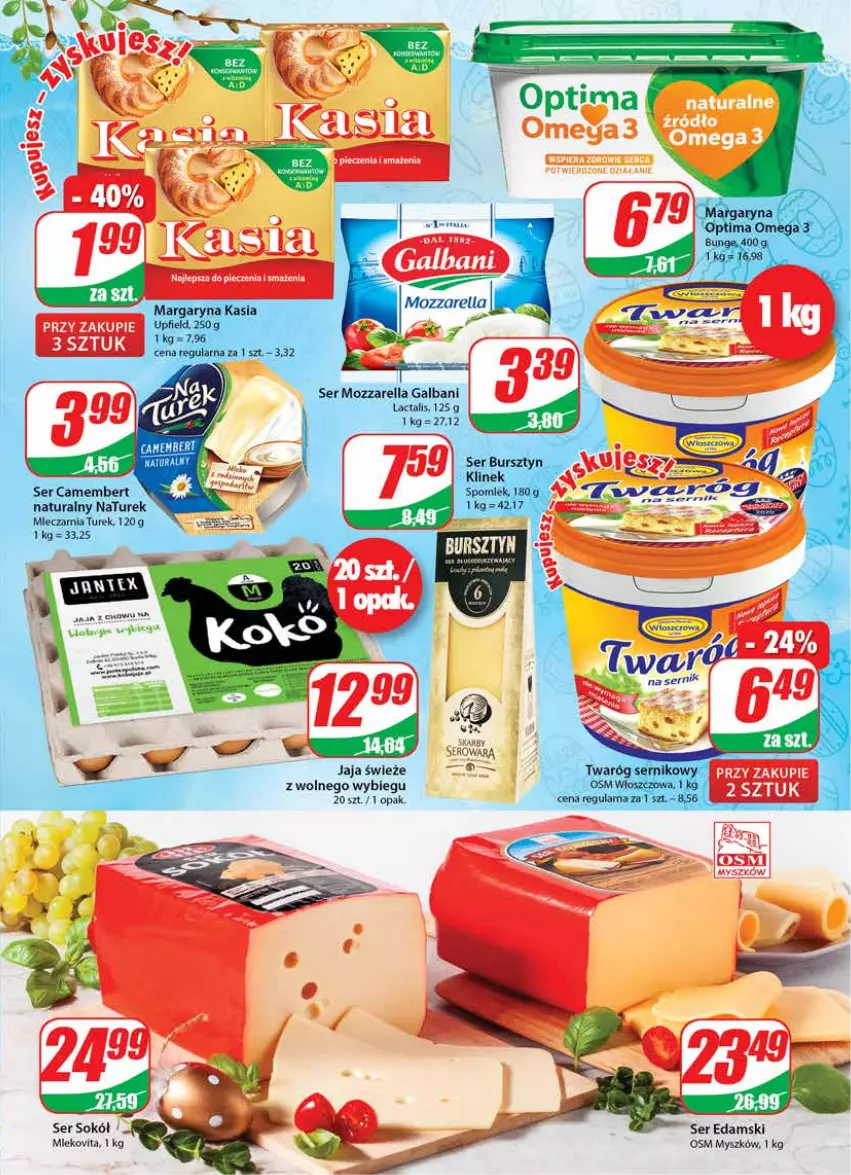 Gazetka promocyjna Dino - Gazetka - ważna 13.04 do 19.04.2022 - strona 15 - produkty: Bursztyn, Camembert, Edam, Galbani, Jaja, Kasia, Margaryna, Mozzarella, Mysz, NaTurek, Optima, Ser, Sok, Sokół