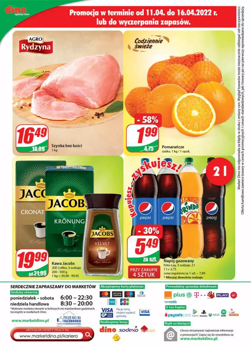 Gazetka promocyjna Dino - Gazetka - ważna 13.04 do 19.04.2022 - strona 24 - produkty: Fa, Jacobs, Kawa, Napój, Napój gazowany, Pepsi, Pomarańcze, Por, Ser, Tera