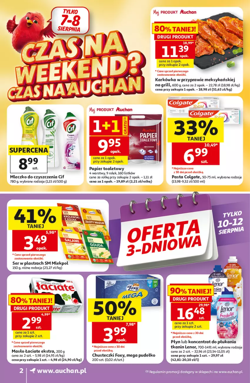 Gazetka promocyjna Auchan - 30 Lat Supermarket - ważna 06.08 do 12.08.2026 - strona 2 - produkty: Chusteczki, Cif, Colgate, Foxy, Gra, Grill, Lenor, LG, Masło, Mleczko, Papier, Papier toaletowy, Pudełko, Ser