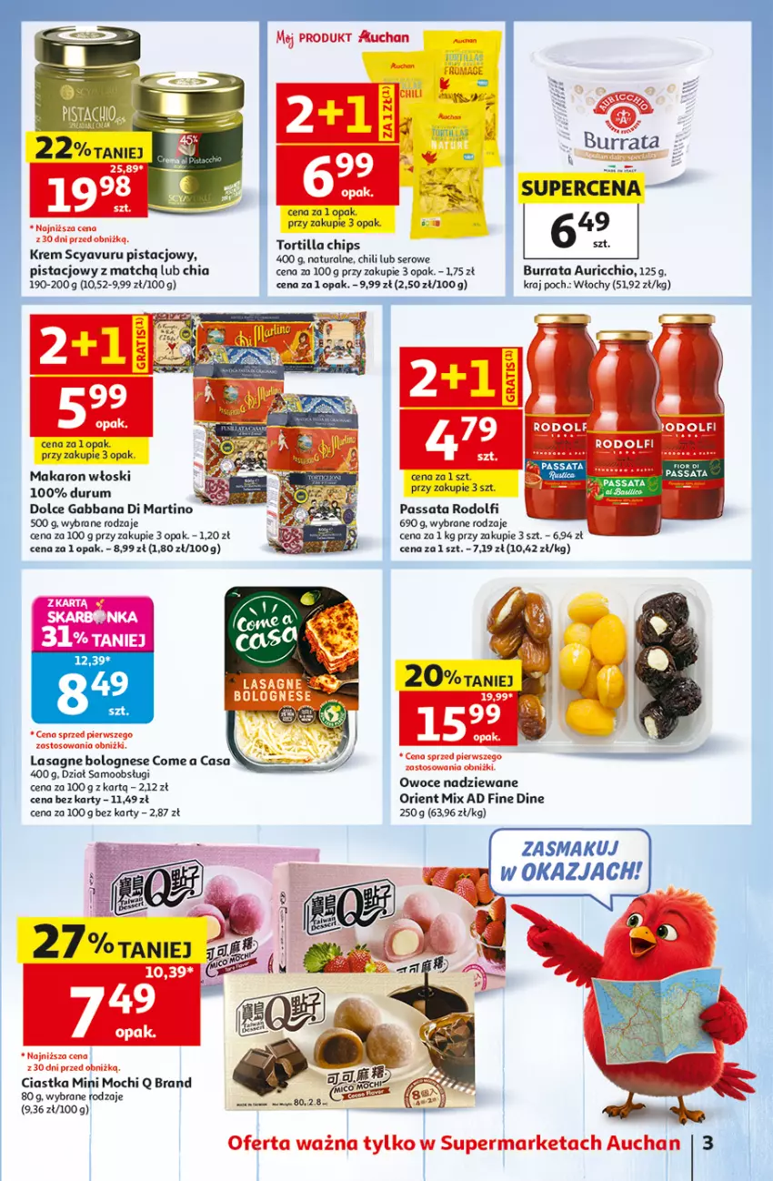 Gazetka promocyjna Auchan - 30 Lat Supermarket - ważna 06.08 do 12.08.2026 - strona 3 - produkty: Burrata, Chia, Ciastka, Lasagne, Lasagne bolognese, Makaron, Odol, Owoce, Rum, Ser, Tortilla, Tortilla Chips