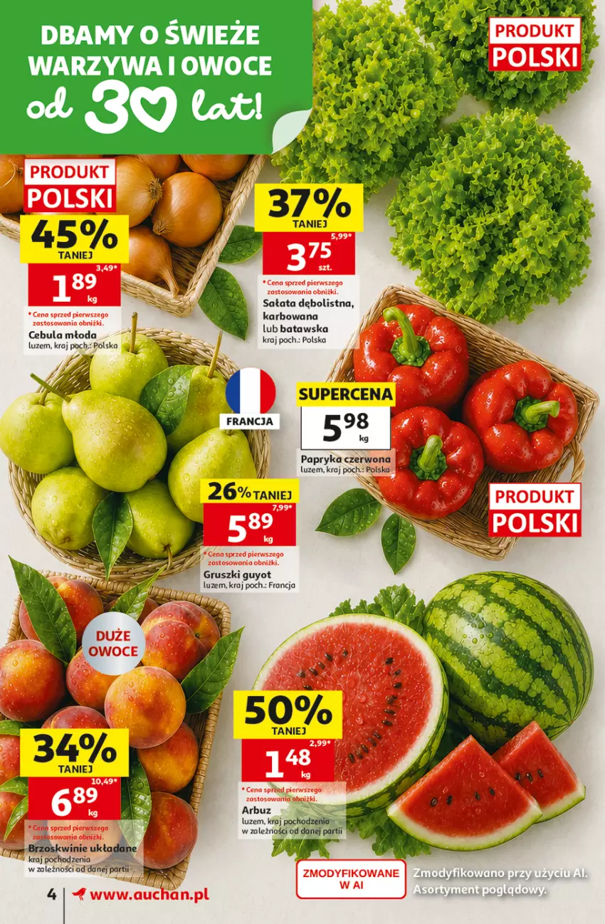 Gazetka promocyjna Auchan - 30 Lat Supermarket - ważna 06.08 do 12.08.2026 - strona 4 - produkty: Arbuz, Fa, Gruszki, Owoce, Papryka, Papryka czerwona, Sałat, Warzywa, Warzywa i owoce