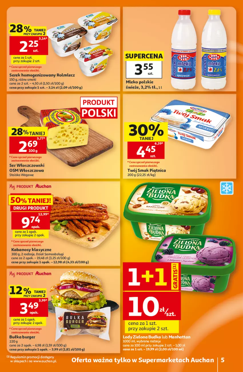 Gazetka promocyjna Auchan - 30 Lat Supermarket - ważna 06.08 do 12.08.2026 - strona 5 - produkty: Bułka, Burger, Fa, Kabanos, Mleko, Piątnica, Rolmlecz, Ser, Serek, Serek homogenizowany, Twój Smak, Włoszczowski