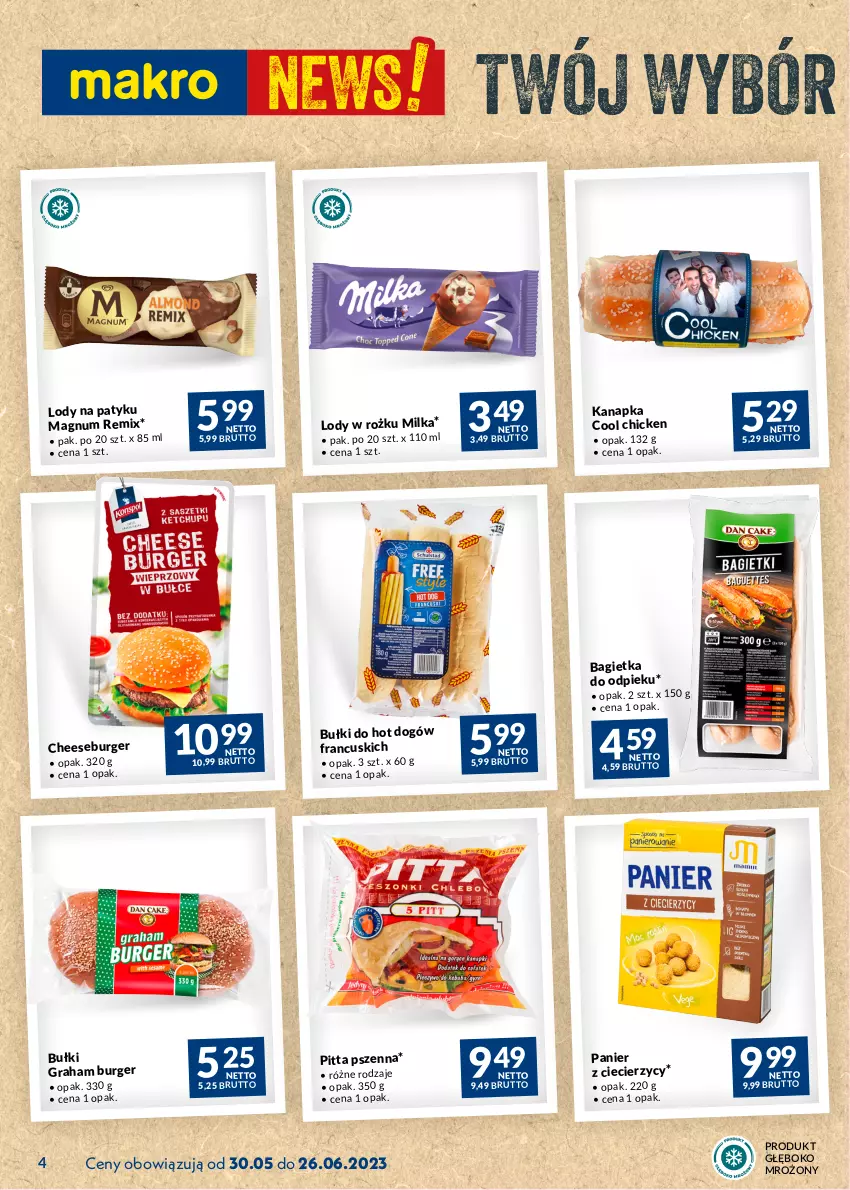 Gazetka promocyjna Makro - Najlepsze oferty - oferta z alkoholem - ważna 30.05 do 26.06.2023 - strona 4 - produkty: Bagietka, Bułki do hot dogów, Burger, Gra, Hot dog, Lody, Milka, O Bag