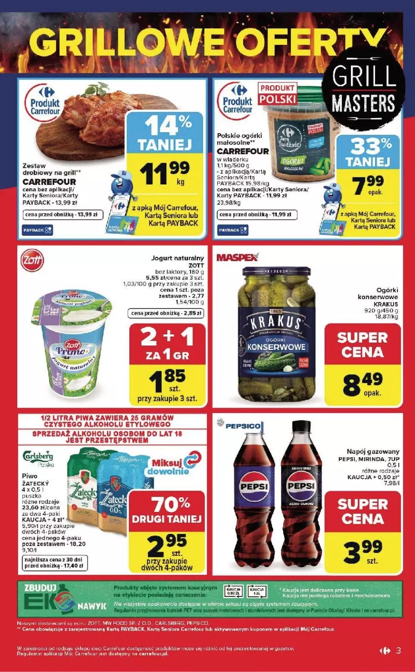 Gazetka promocyjna Carrefour - Gazetka Weekend okazji już od czwartku! - ważna 14.05 do 16.05.2026 - strona 3 - produkty: 7up, Fa, Grill, Jogurt, Jogurt naturalny, Krakus, Mirinda, Napój, Napój gazowany, Ogórki konserwowe, Pepsi, Piwo, Ryba, Ser