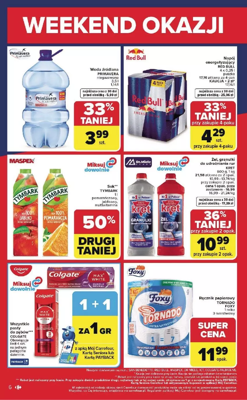 Gazetka promocyjna Carrefour - Gazetka Weekend okazji już od czwartku! - ważna 14.05 do 16.05.2026 - strona 6 - produkty: Colgate, Fa, Foxy, Gra, Kret, LANA, LG, Napój, Papier, Prima, Primavera, Ręcznik, Red Bull, Rum, Sok, Tymbark, Woda