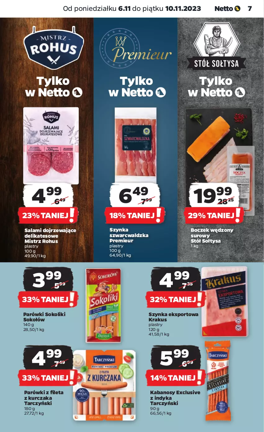 Gazetka promocyjna Netto - Artykuły spożywcze - ważna 06.11 do 10.11.2023 - strona 7 - produkty: Boczek, Kabanos, Krakus, Kurczak, Parówki, Parówki sokoliki, Por, Salami, Sok, Sokołów, Sport, Stół, Szynka, Tarczyński