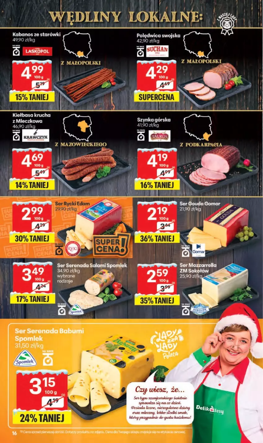 Gazetka promocyjna Delikatesy Centrum - Franczyza DC50 Czwartek - ważna 11.12 do 17.12.2025 - strona 16 - produkty: Kabanos, Kiełbasa, Mleczko, Polędwica, Salami, Ser, Sok, Sokołów, Szynka