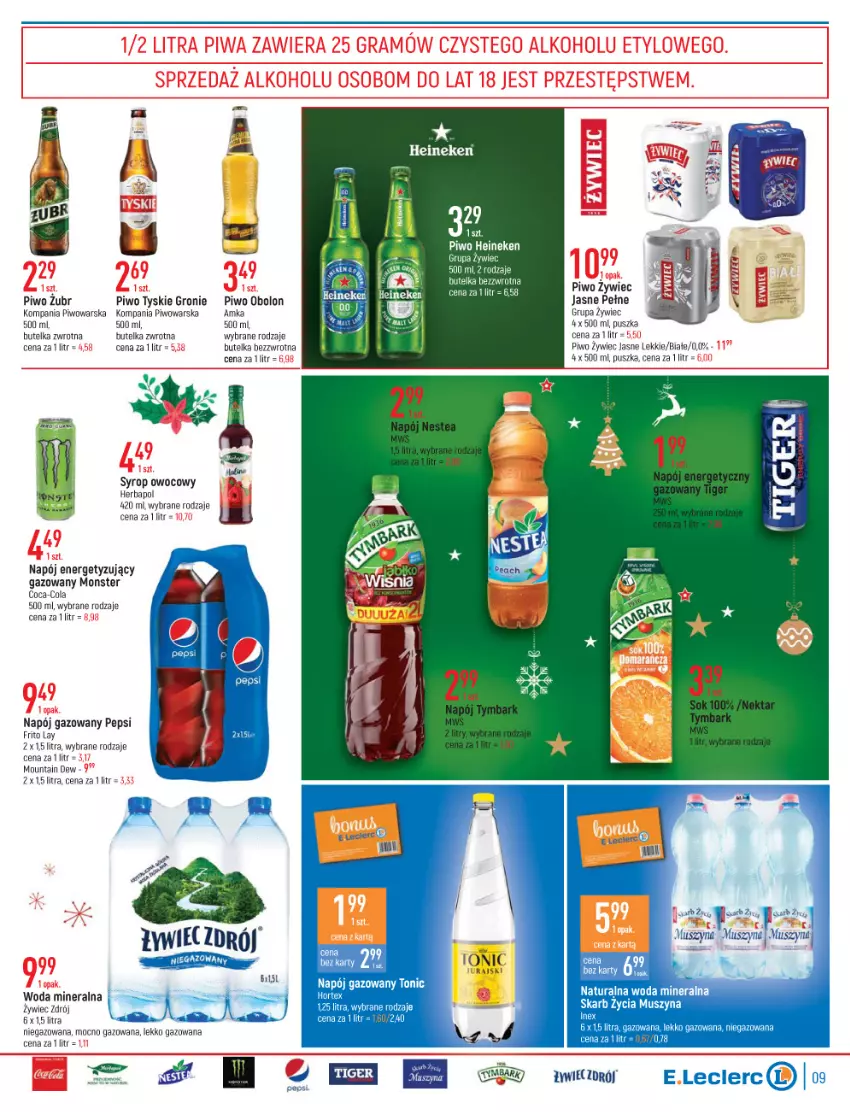 Gazetka promocyjna E Leclerc - ważna 07.12 do 19.12.2021 - strona 9 - produkty: Coca-Cola, Gra, Heineken, Herbapol, Mus, Napój, Napój gazowany, Pepsi, Piwa, Piwo, Syrop, Szyna, Tyskie, Woda, Woda mineralna