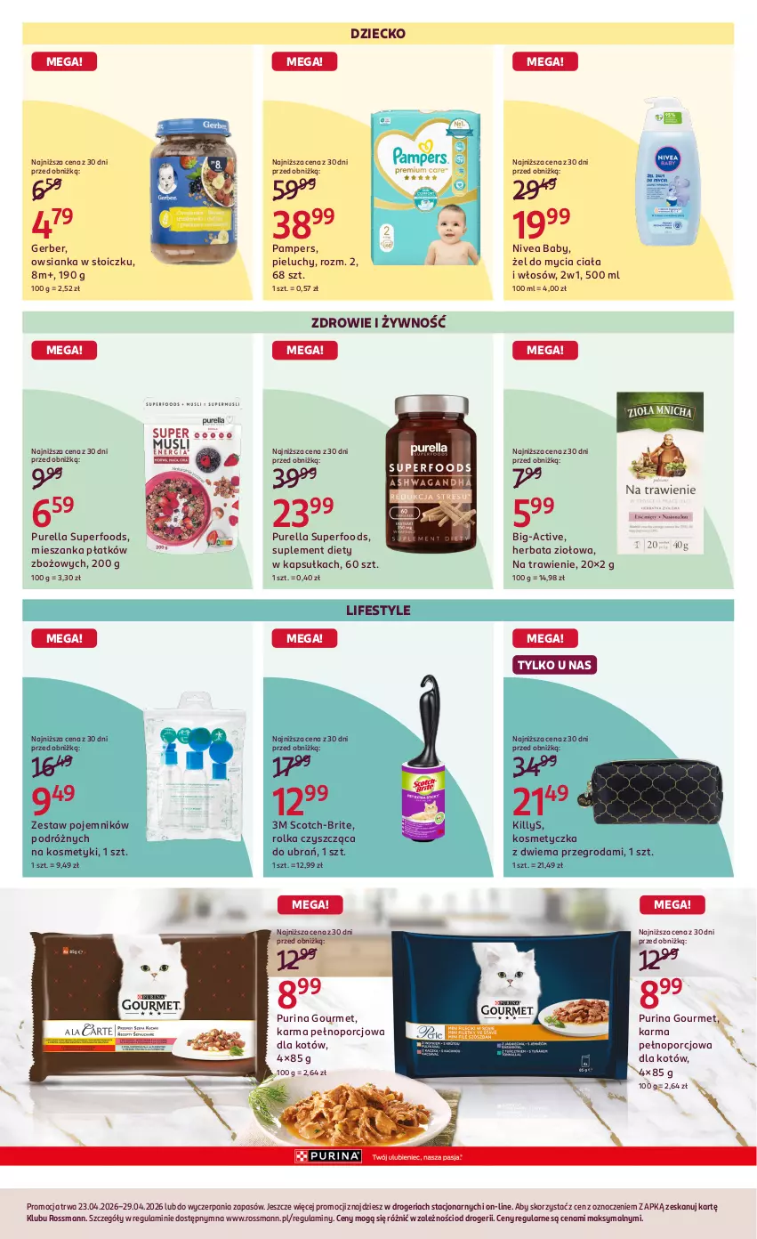 Gazetka promocyjna Rossmann - Gazetka promocyjna Rossmanna - ważna 23.04 do 29.04.2026 - strona 7 - produkty: Brit, Gerber, Herbata, Killys, Kosmetyczka, Nivea, Nivea Baby, Owsianka, Pampers, Pieluchy, Pojemnik, Por, Pur, Purella superfoods, Purina, Suplement diety, Zdrowie
