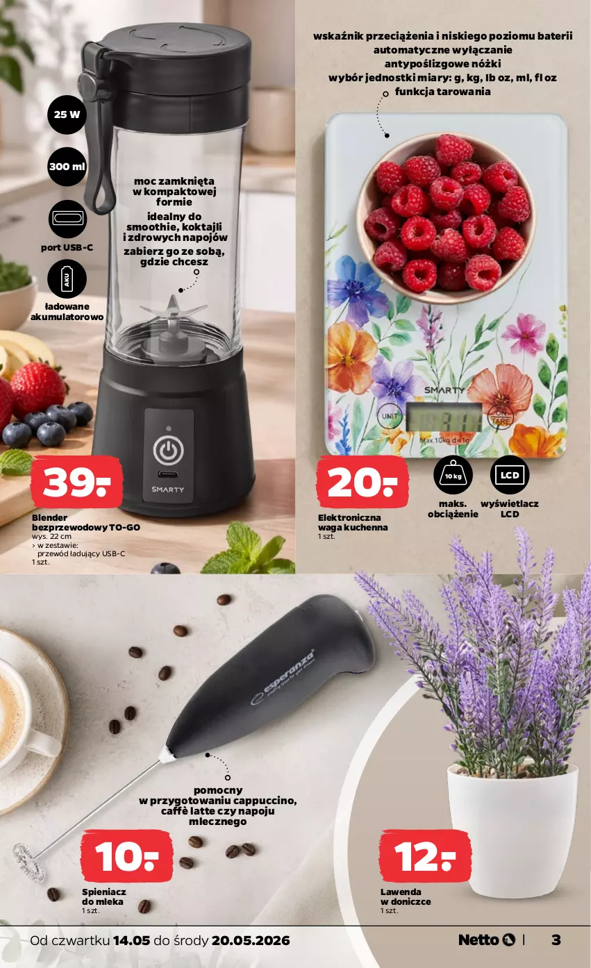 Gazetka promocyjna Netto - Od Czwartku - ważna 14.05 do 20.05.2026 - strona 3 - produkty: Akumulator, Blender, Cappuccino, Por, Przewód, Smoothie, Waga
