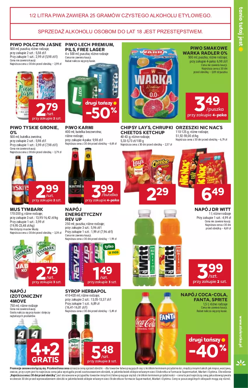 Gazetka promocyjna Stokrotka - Market - ważna 15.10 do 21.10.2026 - strona 23 - produkty: Cheetos, Chipsy, Chrupki, Coca-Cola, Fa, Fanta, Gra, Herbapol, Karmi, Ketchup, Lay’s, Lech Premium, Mięso, Mus, Napój, Napój energetyczny, Napój izotoniczny, Optima, Orzeszki, Owoce, Piwa, Piwo, Radler, Sprite, Syrop, Tymbark, Tyskie, Warka, Warzywa