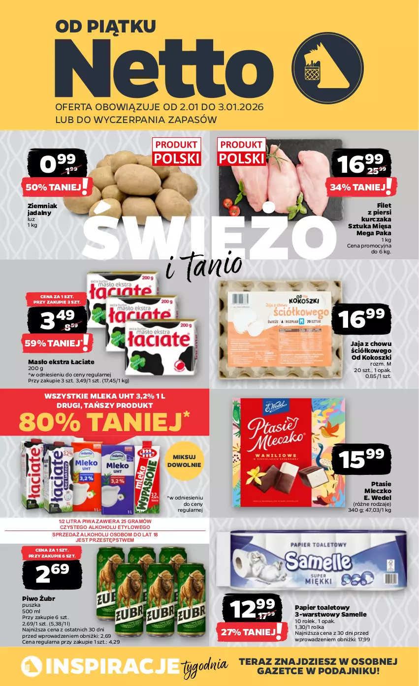 Gazetka promocyjna Netto - Od Piątku - ważna 02.01 do 03.01.2026 - strona 1 - produkty: E. Wedel, Filet z piersi kurczaka, Gra, Jaja, Kokos, Kosz, Kurczak, Masło, Mleczko, Papier, Papier toaletowy, Piwa, Piwo, Ptasie mleczko, Tera