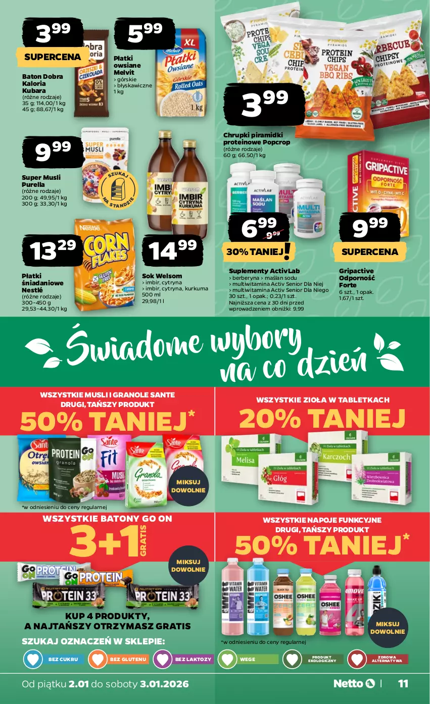 Gazetka promocyjna Netto - Od Piątku - ważna 02.01 do 03.01.2026 - strona 11 - produkty: Baton, Chrupki, Danio, Gra, Imbir, Kurkuma, Melvit, Mus, Napoje, Nestlé, Płatki owsiane, Por, Pur, Sante, Sok, Tablet