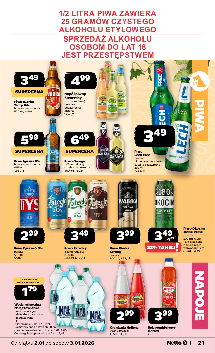 Gazetka promocyjna Netto - Od Piątku - ważna 02.01 do 03.01.2026 - strona 21 - produkty: Gra, Hellena, Hortex, Koc, Limonka, Mięta, Nałęczowianka, Napój, Napoje, Okocim, Oranżada, Piwa, Piwo, Sok, Sok pomidorowy, Somersby, Tyskie, Warka, Woda, Woda mineralna