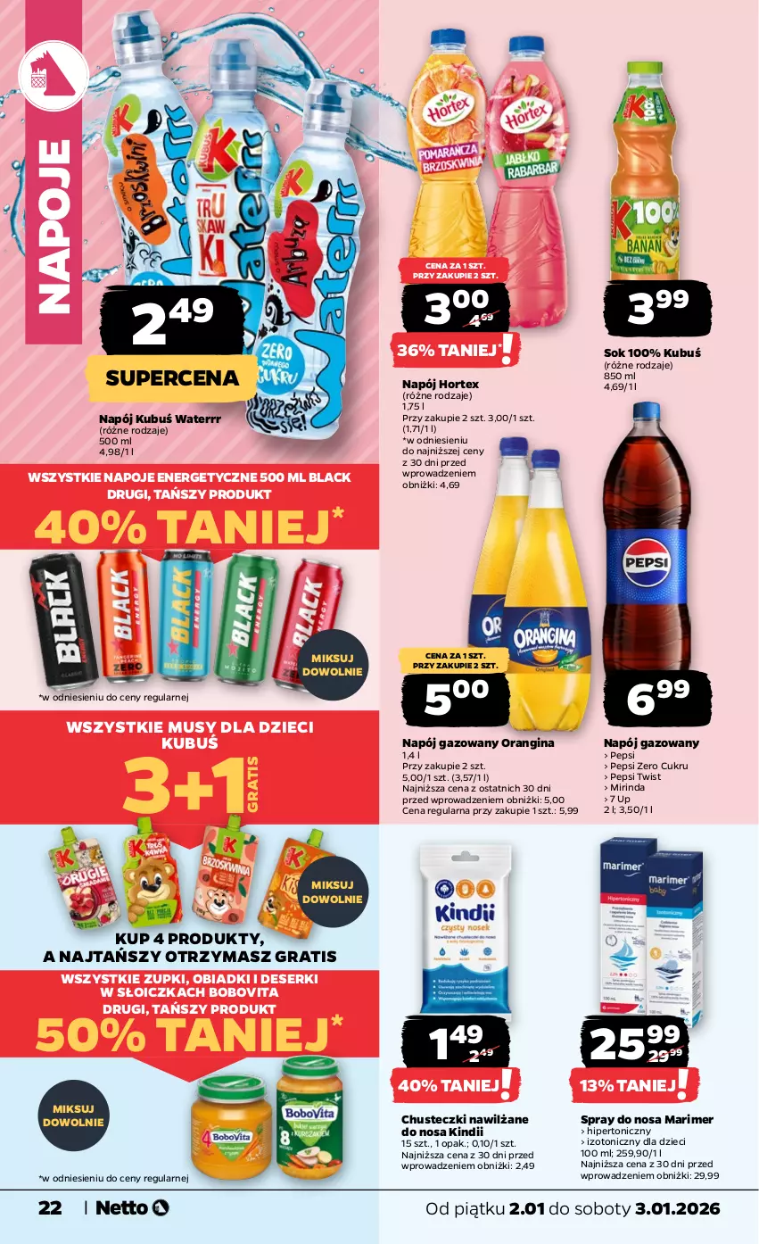 Gazetka promocyjna Netto - Od Piątku - ważna 02.01 do 03.01.2026 - strona 22 - produkty: BoboVita, Chusteczki, Deser, Dzieci, Gin, Gra, Hortex, Kindii, Kubuś, Kubuś Waterrr, Lack, Marimer, Mirinda, Mus, Napój, Napój gazowany, Napoje, Pepsi, Ser, Sok