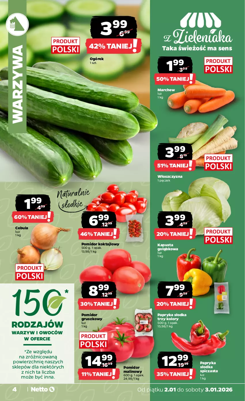 Gazetka promocyjna Netto - Od Piątku - ważna 02.01 do 03.01.2026 - strona 4 - produkty: Cebula, Ogórek, Papryka, Papryka słodka, Pomidor malinowy, Warzywa