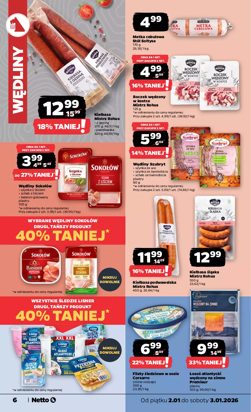 Gazetka promocyjna Netto - Od Piątku - ważna 02.01 do 03.01.2026 - strona 6 - produkty: BIC, Boczek, Kiełbasa, Kiełbasa podwawelska, Kiełbasa śląska, Lisner, Sok, Sokołów, Sos, Stół, Szubryt, Szynka, Wawel