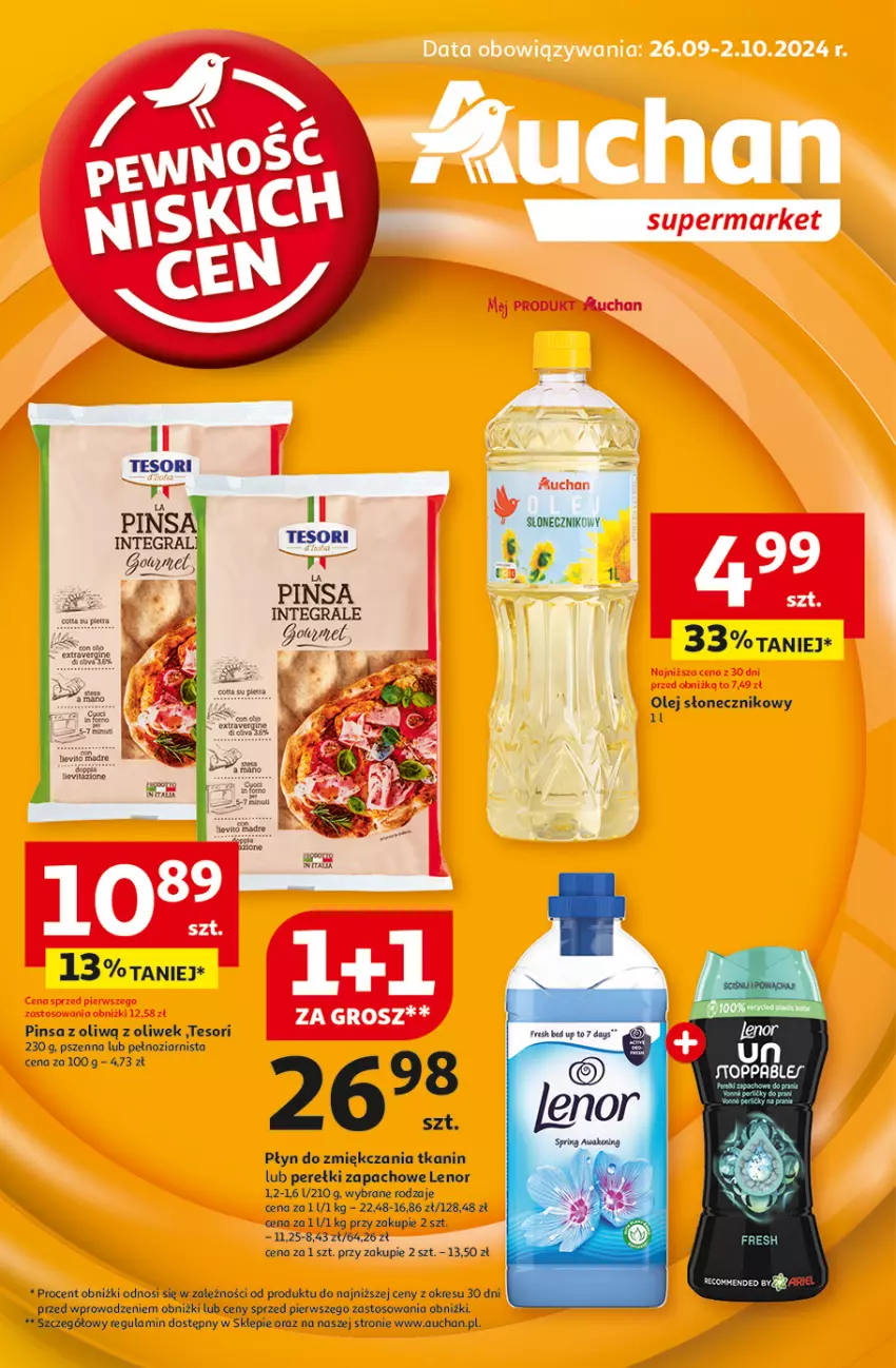 Gazetka promocyjna Auchan - Pewność Niskich Cen Supermarket - ważna 26.09 do 02.10.2024 - strona 1 - produkty: Gin, Gra, Lenor, Olej, Olej słonecznikowy, Perełki zapachowe