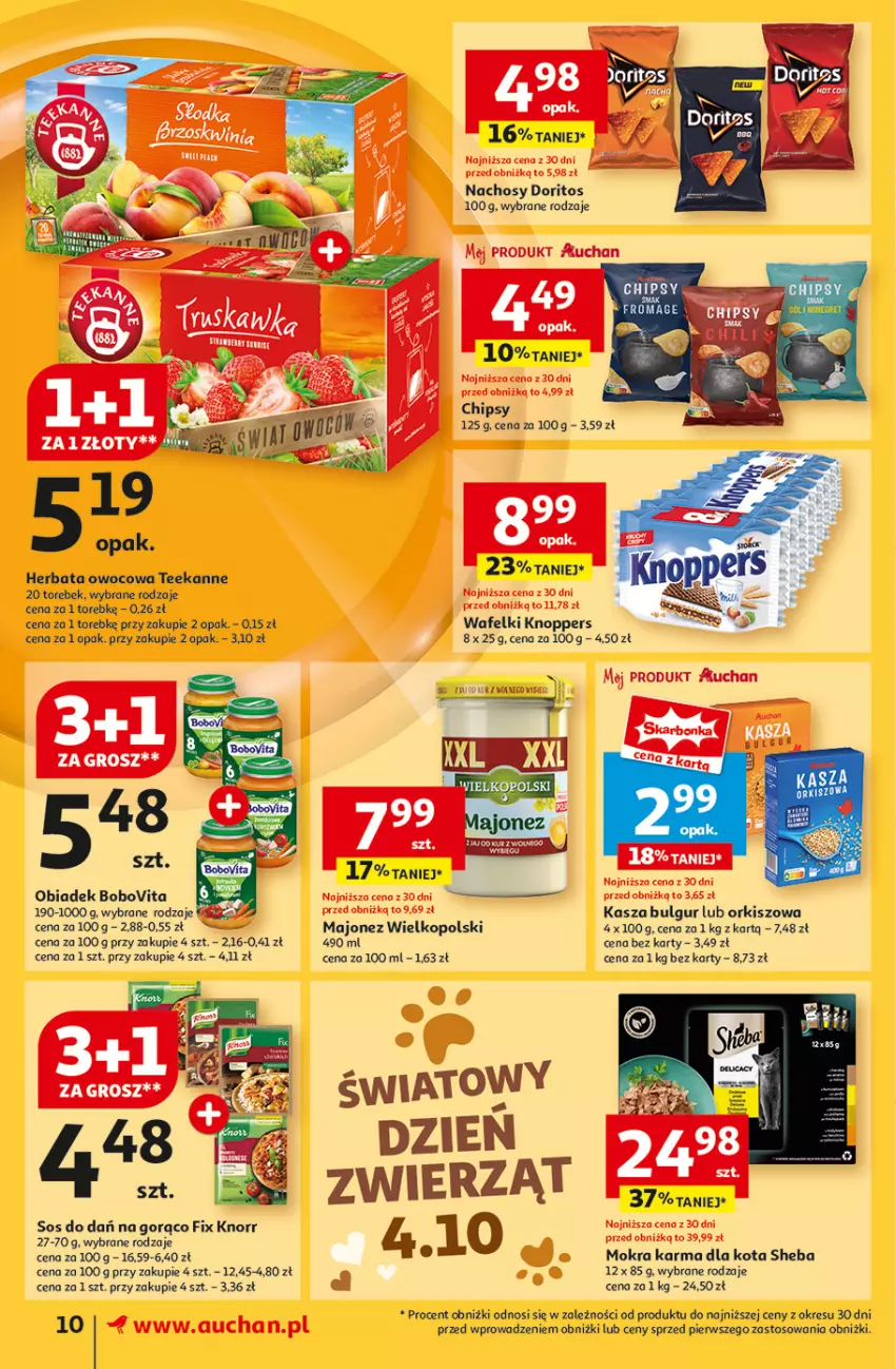 Gazetka promocyjna Auchan - Pewność Niskich Cen Supermarket - ważna 26.09 do 02.10.2024 - strona 12 - produkty: BoboVita, Bulgur, Chipsy, Herbata, Herbata owocowa, Kasza, Knoppers, Knorr, LG, Majonez, Mokra karma, Sheba, Sos, Teekanne