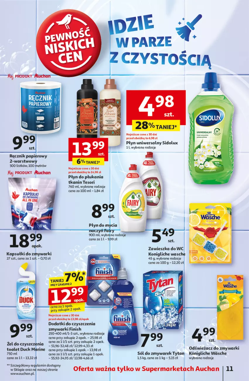 Gazetka promocyjna Auchan - Pewność Niskich Cen Supermarket - ważna 26.09 do 02.10.2024 - strona 13 - produkty: Duck, Fa, Finish, Odświeżacz do zmywarki, Papier, Płyn do płukania, Ręcznik, Sidolux, Sól, Tytan, Zawieszka do wc, Zmywarki