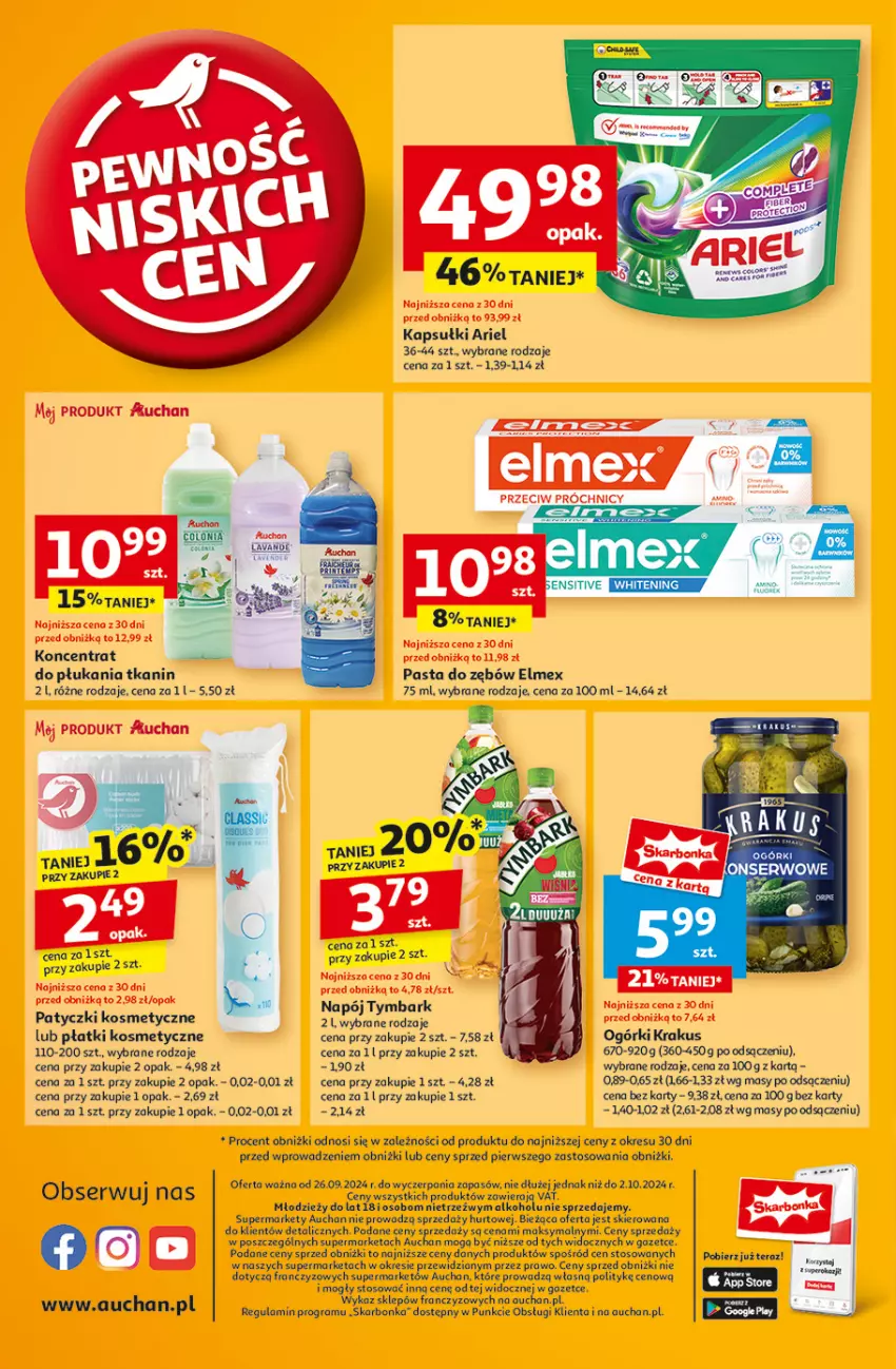 Gazetka promocyjna Auchan - Pewność Niskich Cen Supermarket - ważna 26.09 do 02.10.2024 - strona 14 - produkty: Ariel, Elmex, Gra, Krakus, Napój, Pasta do zębów, Patyczki kosmetyczne, Płatki kosmetyczne, Ser, Tera, Tymbark