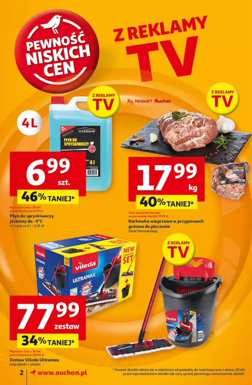 Gazetka promocyjna Auchan - Pewność Niskich Cen Supermarket - ważna 26.09 do 02.10.2024 - strona 2 - produkty: Karkówka wieprzowa, Mop, Piec, Płyn do spryskiwaczy, Rama, Vileda, Wiadro