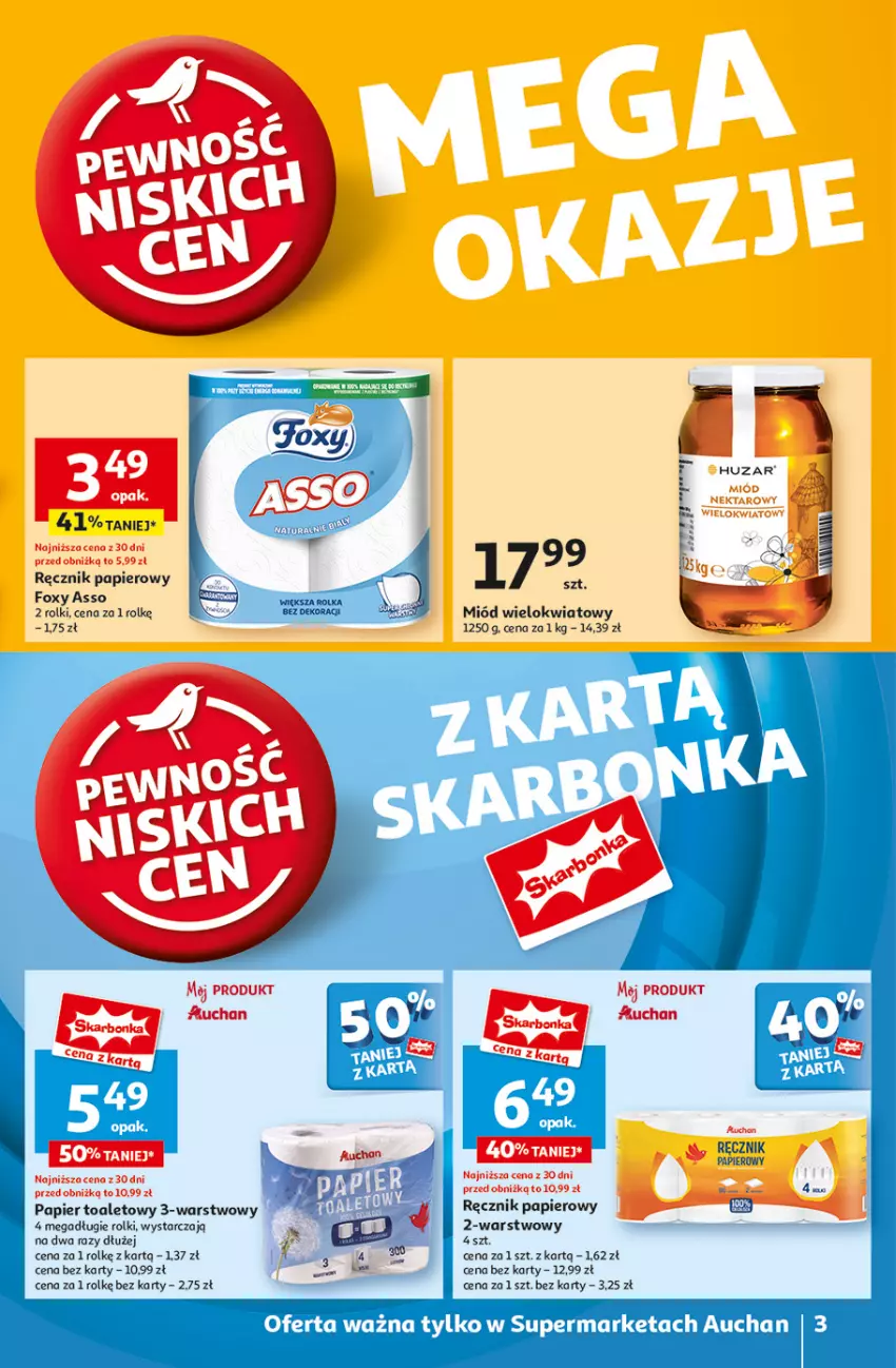 Gazetka promocyjna Auchan - Pewność Niskich Cen Supermarket - ważna 26.09 do 02.10.2024 - strona 3 - produkty: Foxy, Miód, Papier, Papier toaletowy, Ręcznik, Rolki