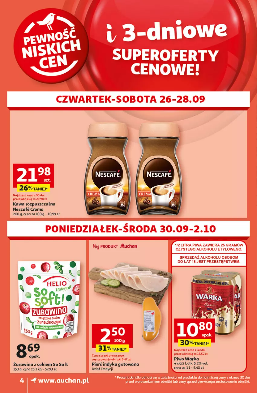 Gazetka promocyjna Auchan - Pewność Niskich Cen Supermarket - ważna 26.09 do 02.10.2024 - strona 4 - produkty: Kawa, Kawa rozpuszczalna, Piwo, Sok, Warka