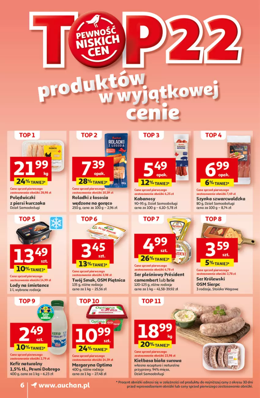 Gazetka promocyjna Auchan - Pewność Niskich Cen Supermarket - ważna 26.09 do 02.10.2024 - strona 8 - produkty: Brie, Camembert, Dzieci, Kabanos, Kefir, Kefir naturalny, Królewski, Kurczak, Lody, Margaryna, Optima, Piątnica, Przyprawy, Ser, Ser pleśniowy, Sos, Szynka, Top, Twój Smak