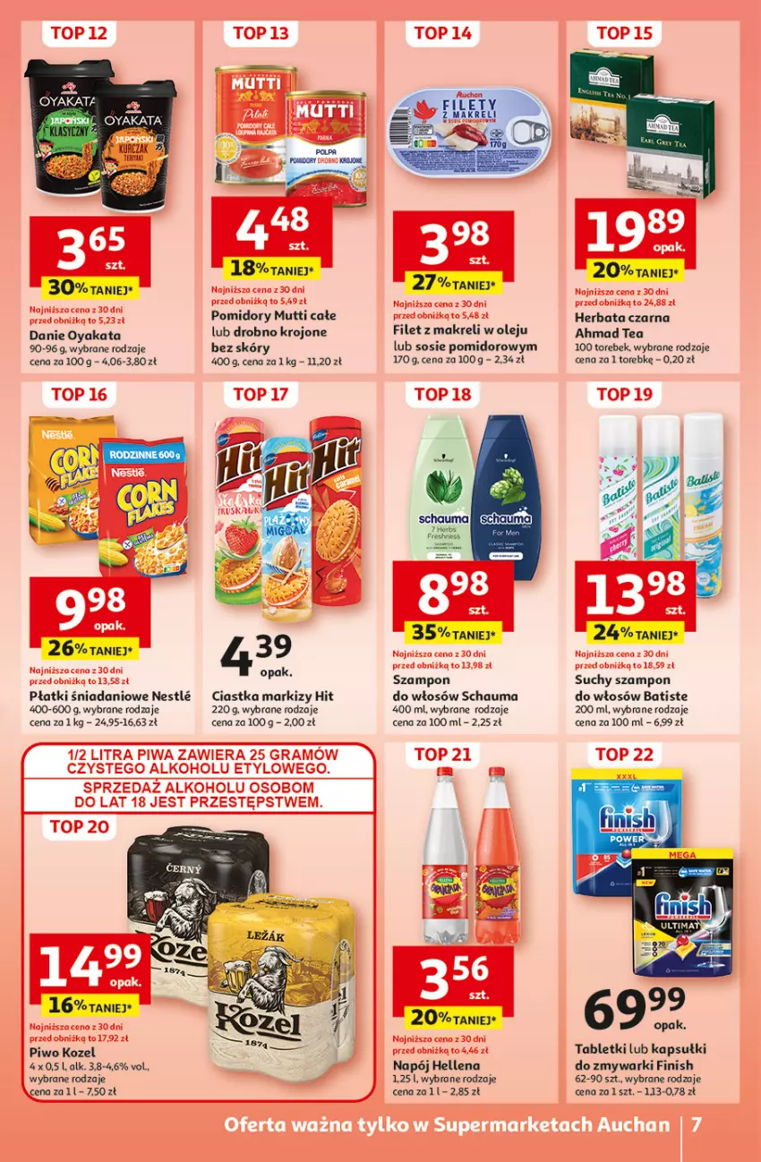 Gazetka promocyjna Auchan - Pewność Niskich Cen Supermarket - ważna 26.09 do 02.10.2024 - strona 9 - produkty: Batiste, Ciastka, Danio, Filet z makreli, Finish, Gra, Hellena, Herbata, Herbata czarna, Kozel, Napój, Olej, Piwa, Piwo, Pomidory, Schauma, Sos, Suchy szampon, Szampon, Tablet, Top, Zmywarki