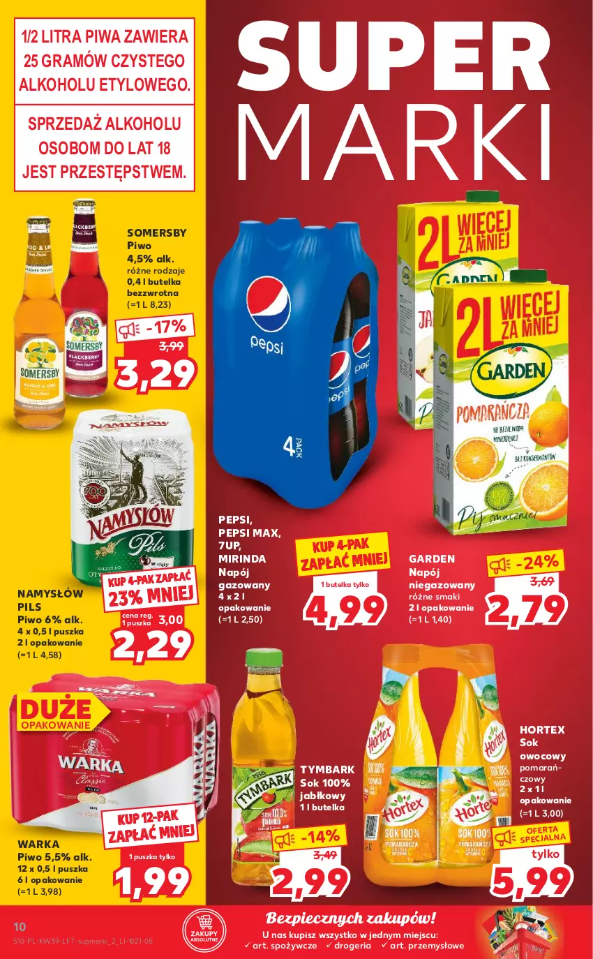 Gazetka promocyjna Kaufland - OFERTA TYGODNIA - ważna 30.09 do 06.10.2021 - strona 10 - produkty: 7up, Gra, Hortex, Mirinda, Namysłów, Napój, Napój gazowany, Napój niegazowany, Pepsi, Pepsi max, Piec, Piwa, Piwo, Sok, Somersby, Tymbark, Warka