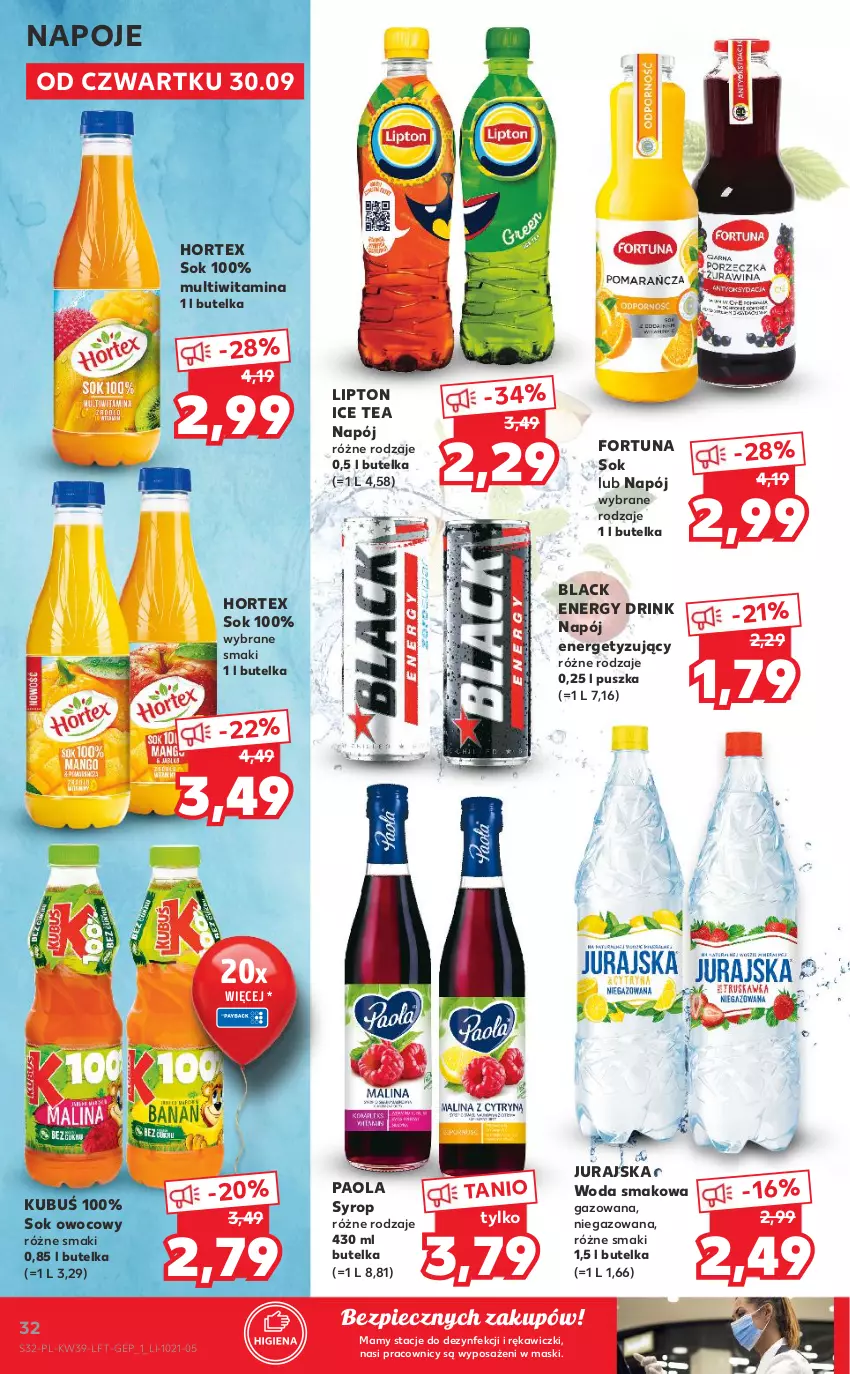 Gazetka promocyjna Kaufland - OFERTA TYGODNIA - ważna 30.09 do 06.10.2021 - strona 32 - produkty: Fortuna, Hortex, Ice tea, Kubuś, Lack, Lipton, Napój, Napoje, Paola, Piec, Sok, Syrop, Woda