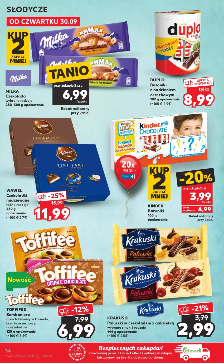 Gazetka promocyjna Kaufland - OFERTA TYGODNIA - ważna 30.09 do 06.10.2021 - strona 34 - produkty: Baton, Bomboniera, Czekolada, Gala, Kinder, Krakus, Krakuski, Milka, Piec, Toffifee, Tonik, Wawel