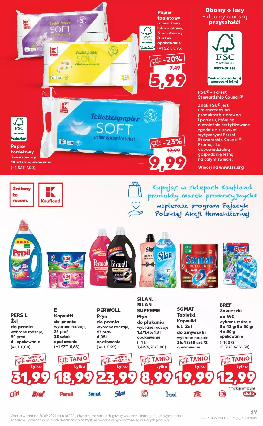 Gazetka promocyjna Kaufland - OFERTA TYGODNIA - ważna 30.09 do 06.10.2021 - strona 39 - produkty: Bref, Kapsułki do prania, O nas, Papier, Papier toaletowy, Persil, Perwoll, Płyn do płukania, Płyn do prania, Rum, Silan, Somat, Tablet, Zawieszki, Zmywarki