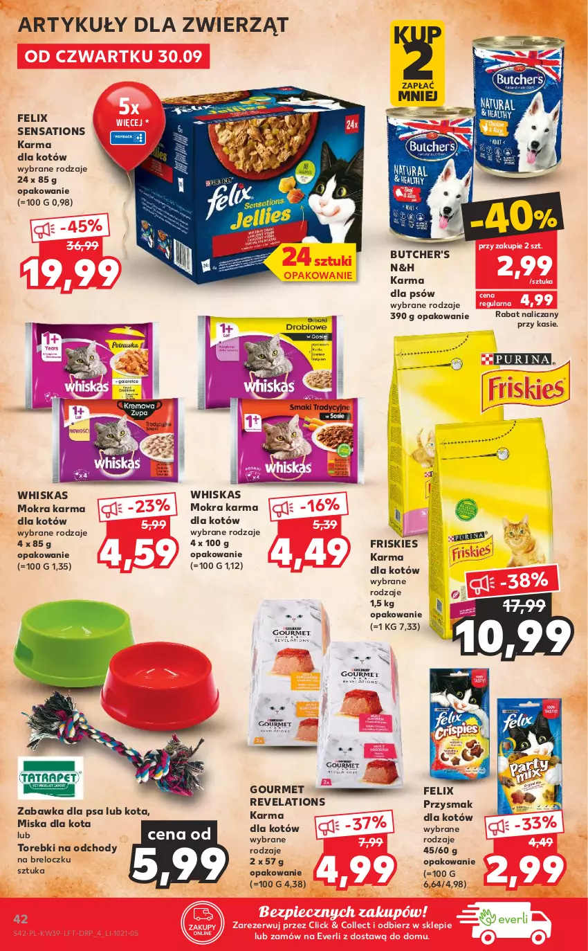 Gazetka promocyjna Kaufland - OFERTA TYGODNIA - ważna 30.09 do 06.10.2021 - strona 42 - produkty: Butcher's, Felix, Friskies, Miska, Mokra karma, Piec, Sati, Whiskas, Zabawka