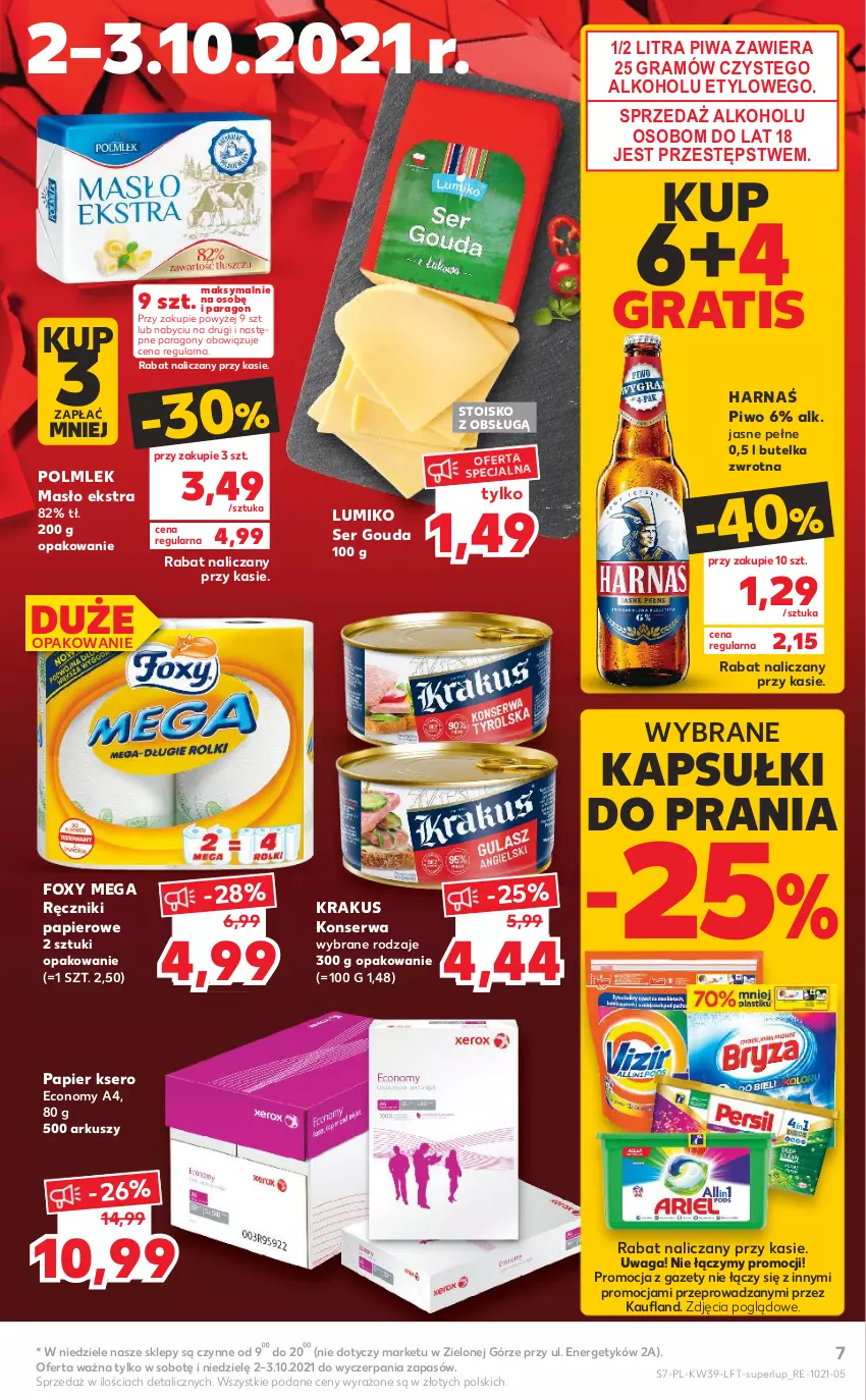 Gazetka promocyjna Kaufland - OFERTA TYGODNIA - ważna 30.09 do 06.10.2021 - strona 7 - produkty: Foxy, Gouda, Gra, Harnaś, Kapsułki do prania, Krakus, Masło, Papier, Piwa, Piwo, POLMLEK, Ręcznik, Ręczniki papierowe, Ser, Waga