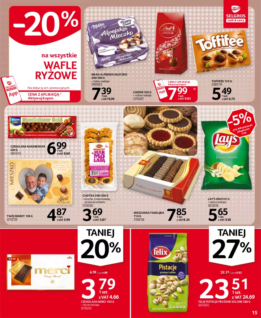 Gazetka promocyjna Selgros - Oferta spożywcza - ważna 21.01 do 03.02.2021 - strona 15 - produkty: Ciastka, Czekolada, Fa, Felix, Kret, Lay’s, Lindor, Merci, Milka, Mleczko, Mola, Pistacje, Ryż, Ser, Toffifee, Wafle